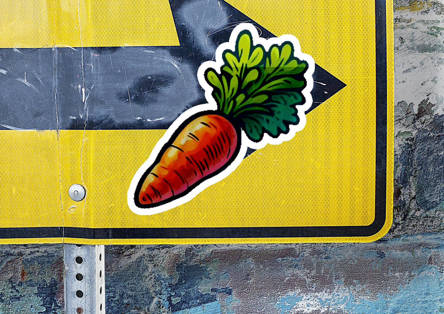 a sticker of a carrot on a yellow street sign