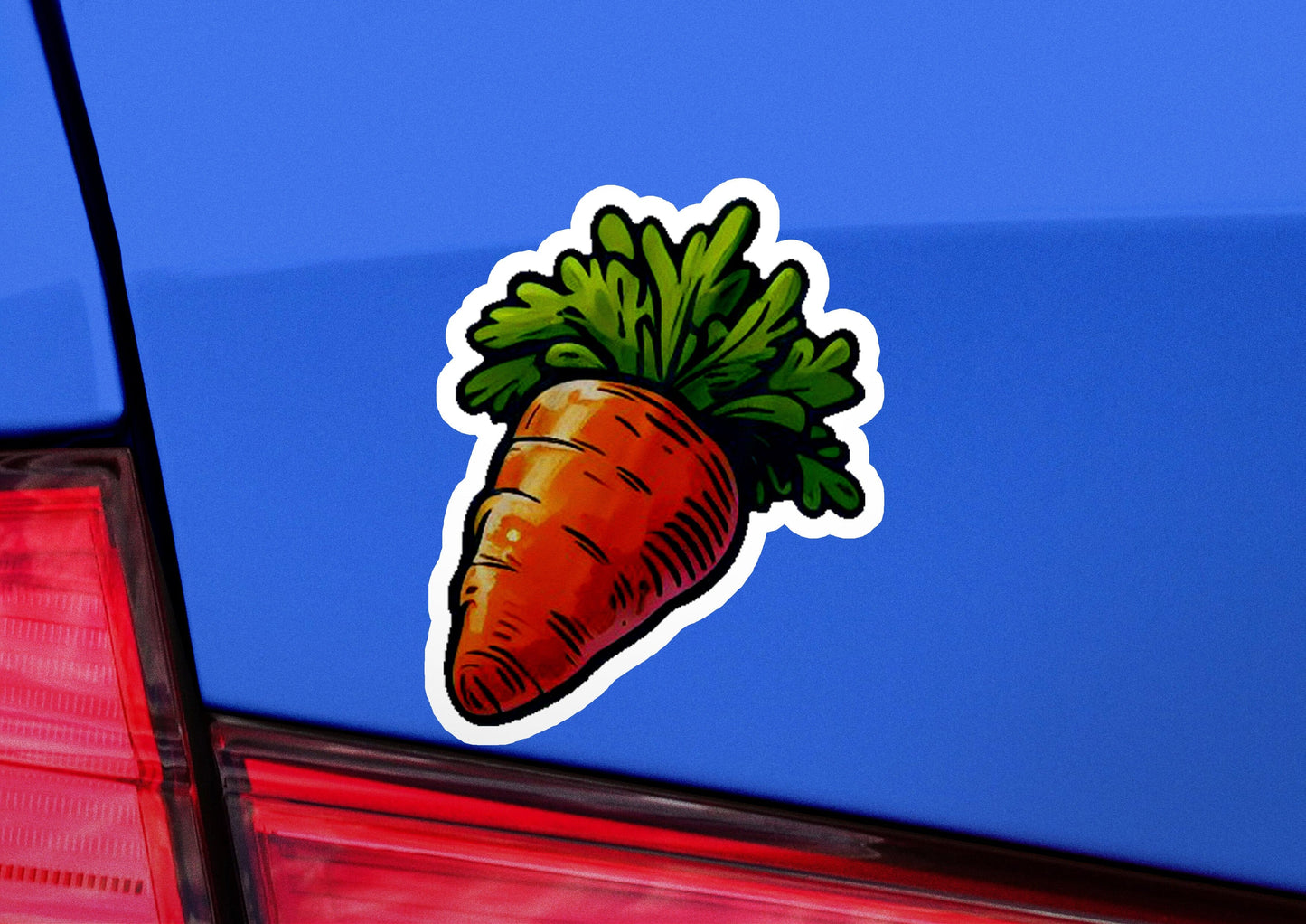 a sticker of a carrot on the back of a car