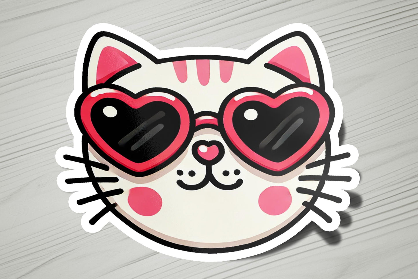 a sticker of a cat with heart shaped glasses
