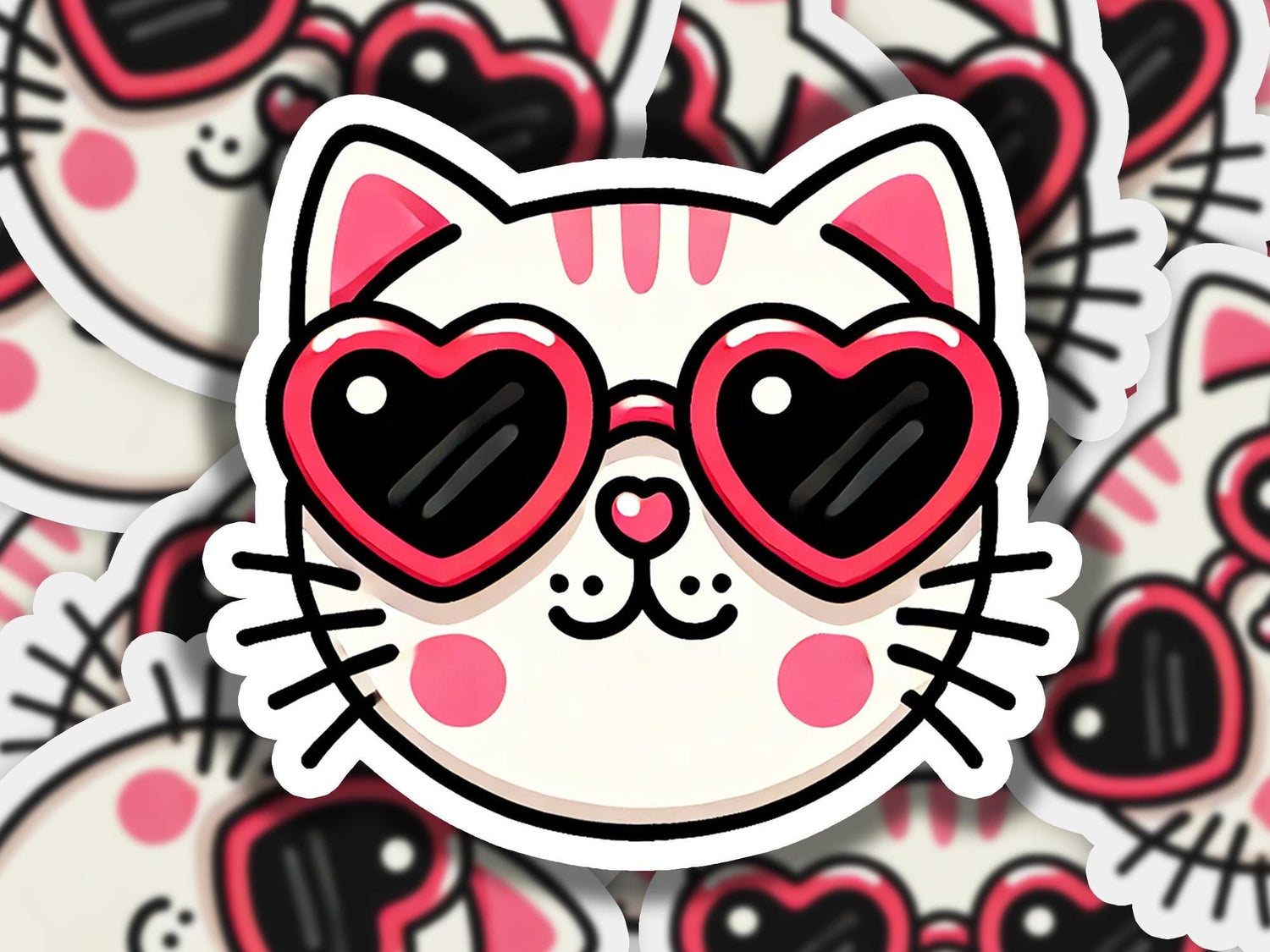 a close up of a sticker of a cat with heart shaped glasses