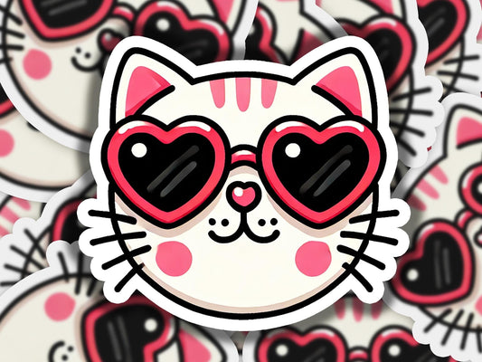 a close up of a sticker of a cat with heart shaped glasses