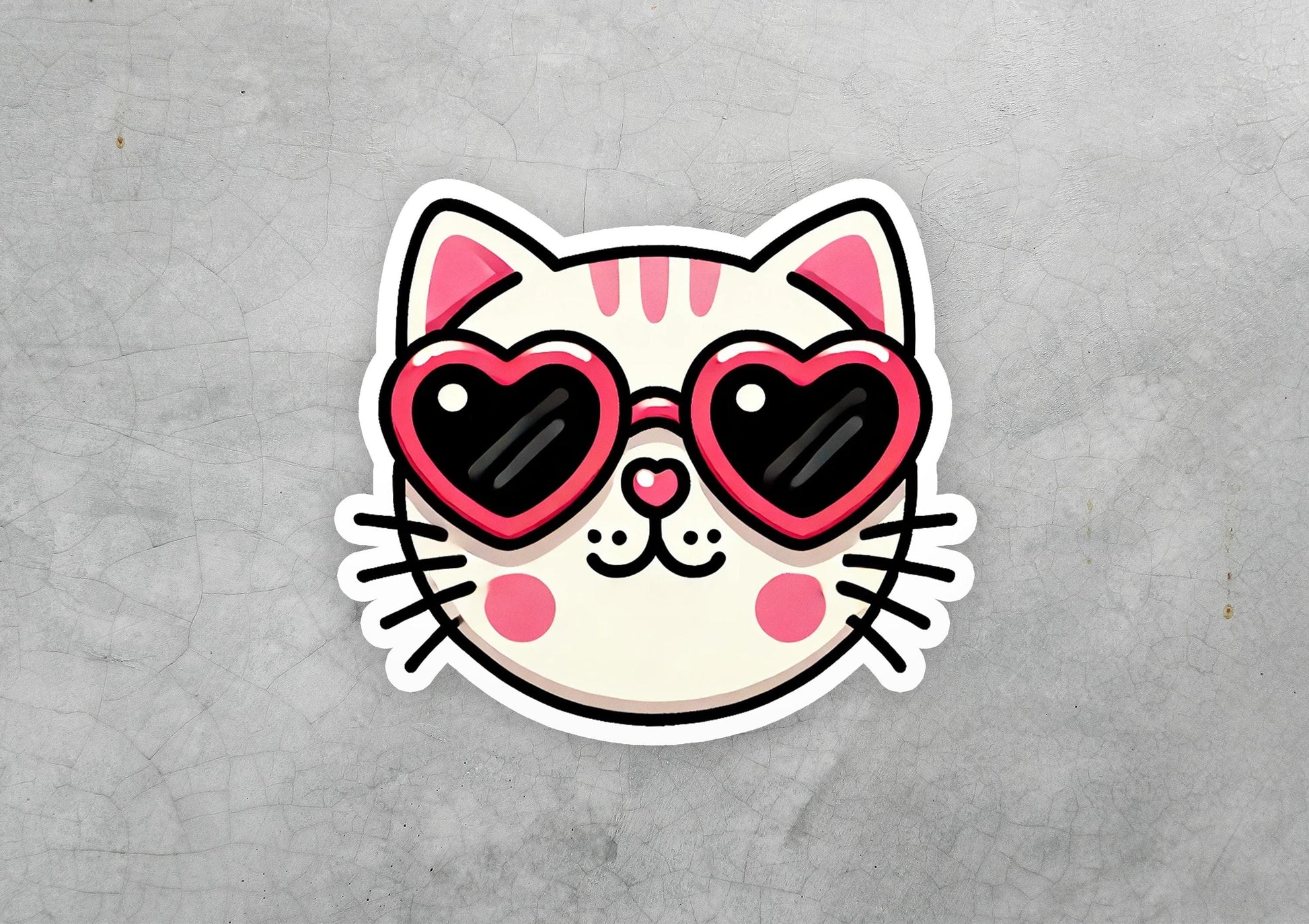 a sticker of a cat with heart shaped glasses