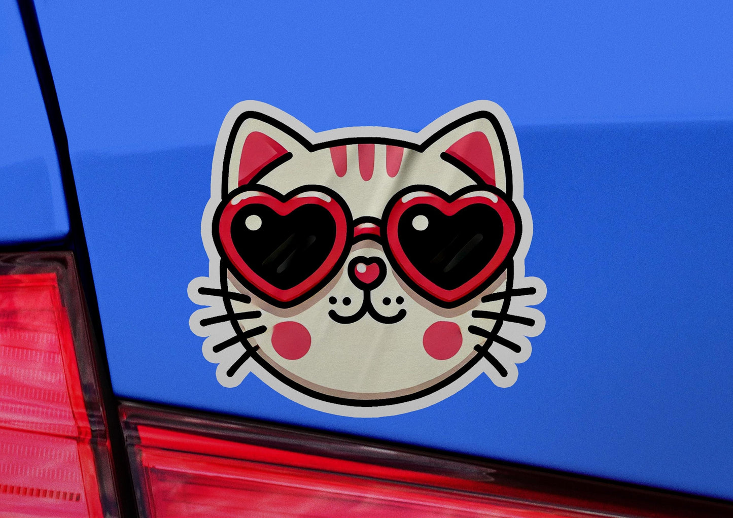 a sticker of a cat with heart shaped glasses