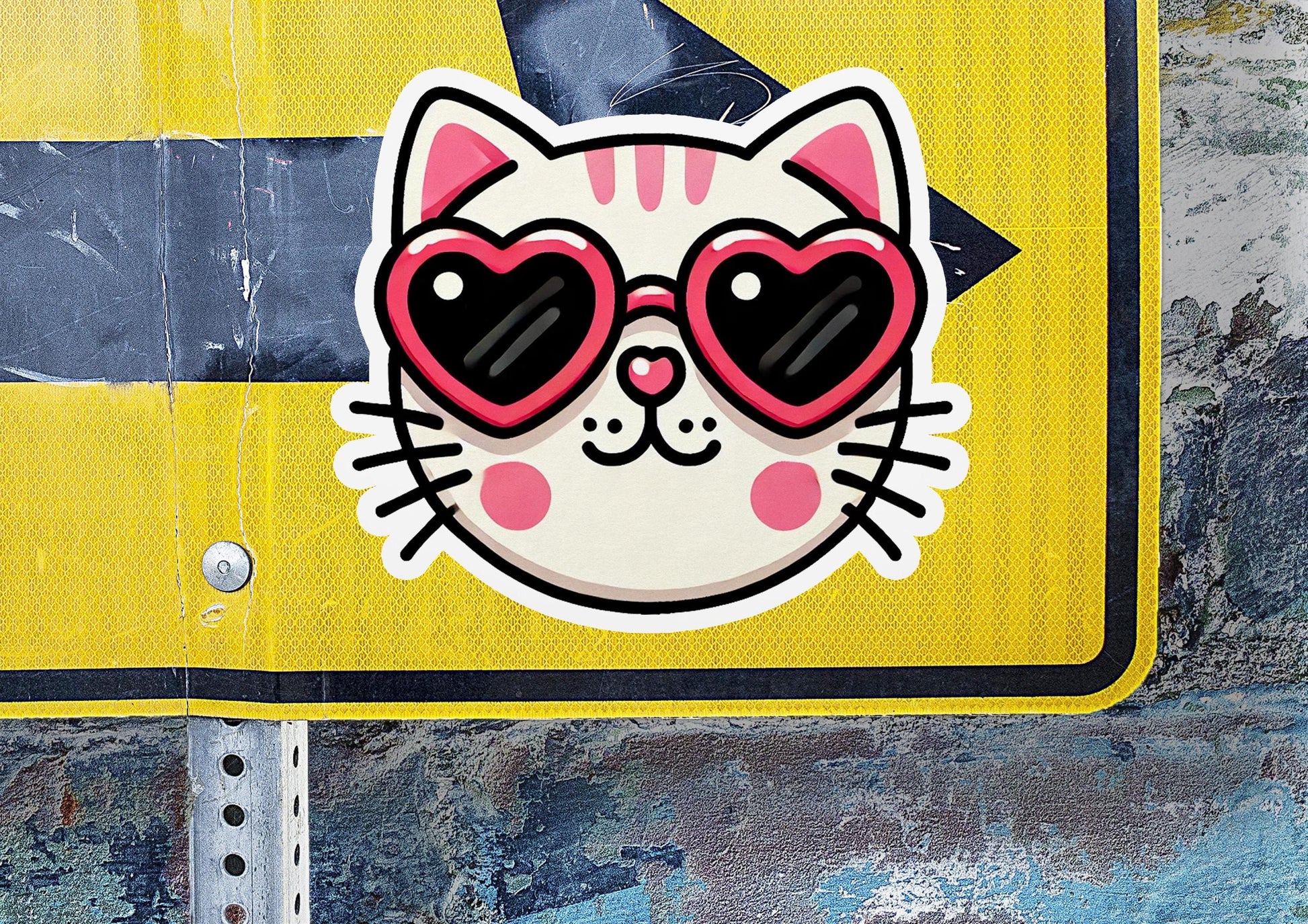 a close up of a street sign with a cat wearing sunglasses