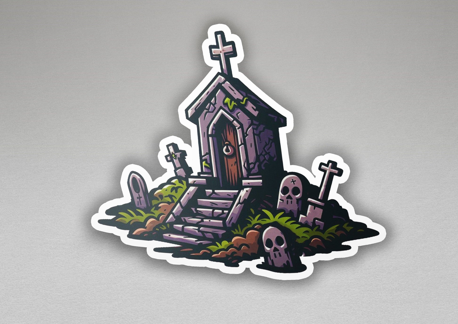 a sticker of a church with skulls and crosses