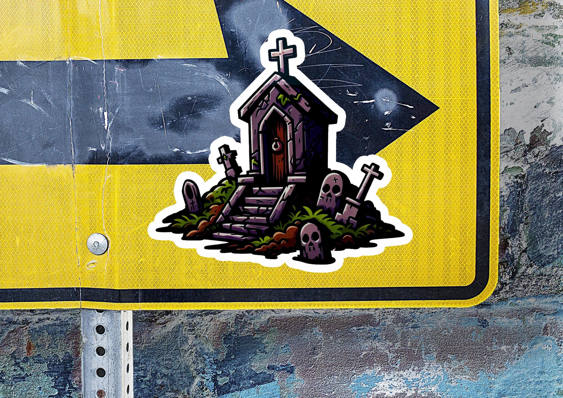 a yellow sign with a black arrow pointing to a church