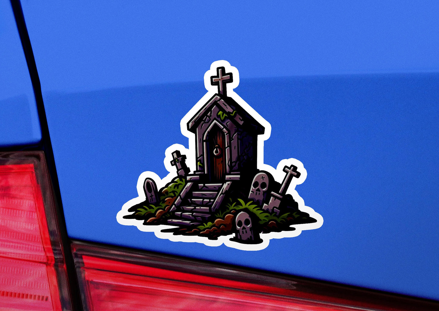 a car with a sticker of a graveyard
