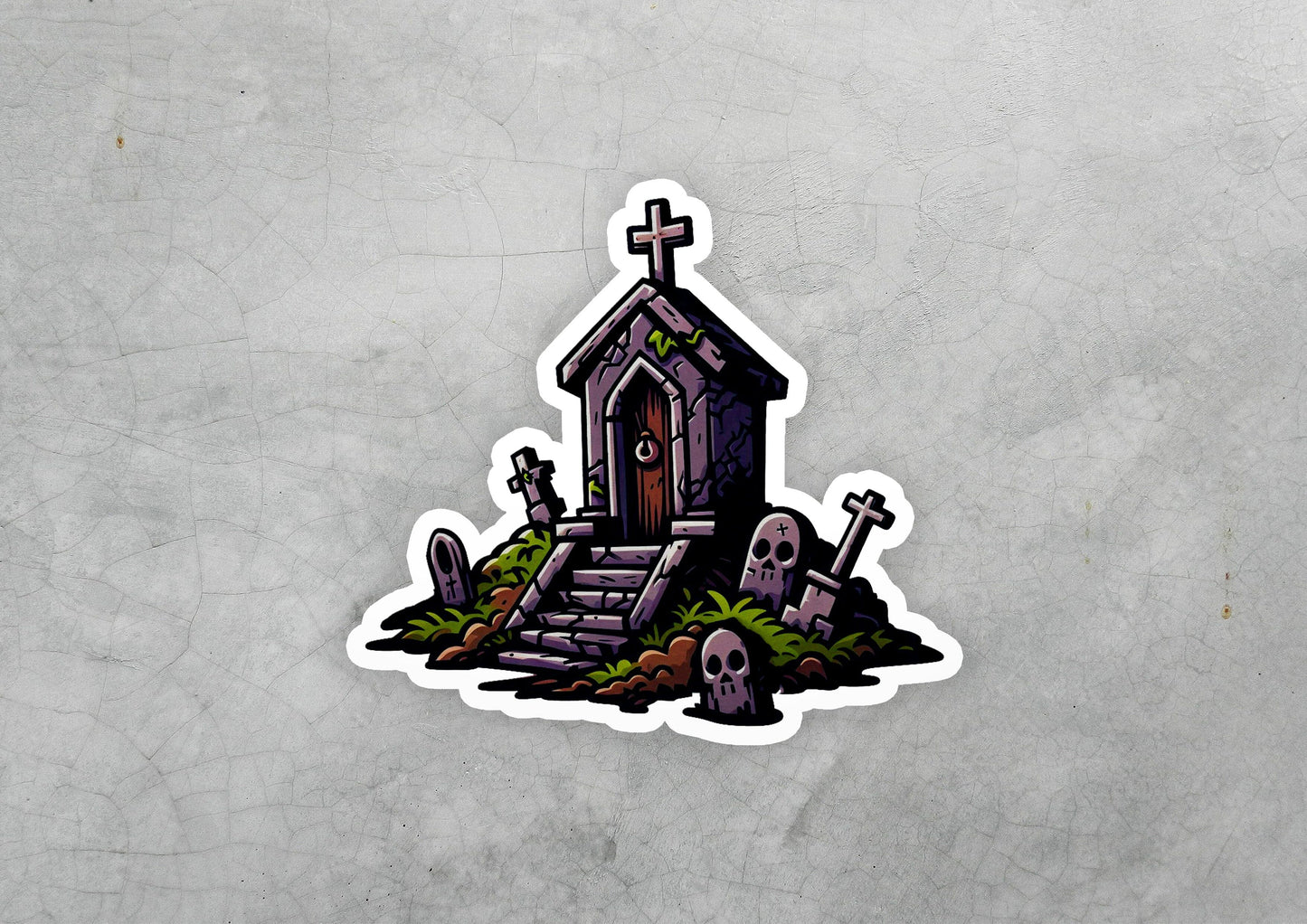 a sticker of a graveyard with a cross on it