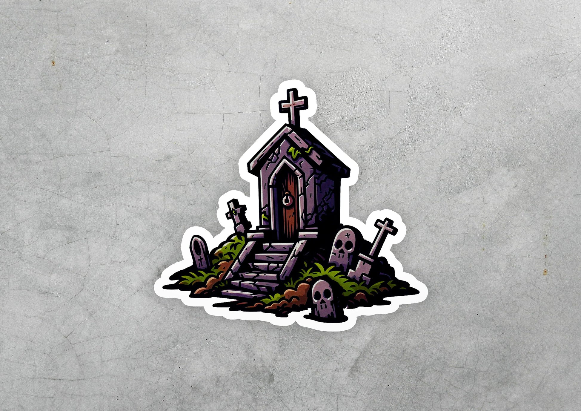 a sticker of a graveyard with a cross on it