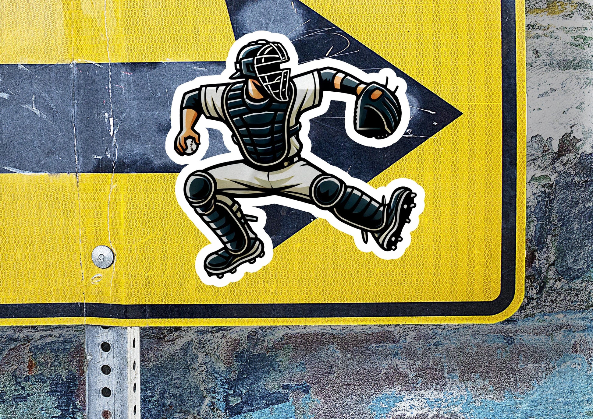 a sticker of a baseball player is on a sign