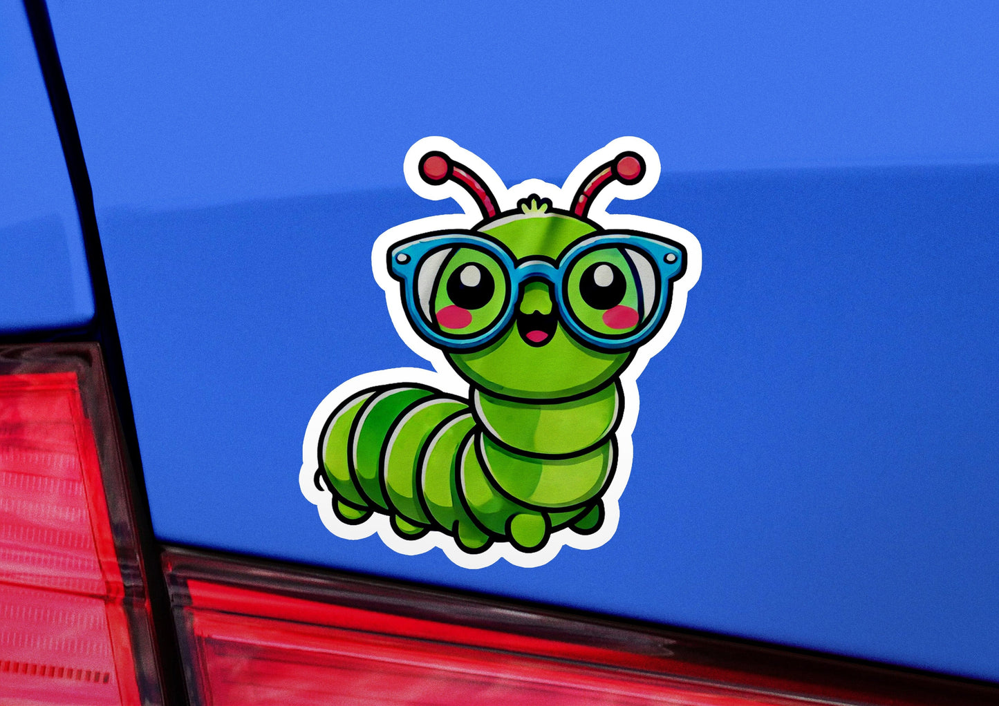 a close up of a car with a sticker of a caterpillar