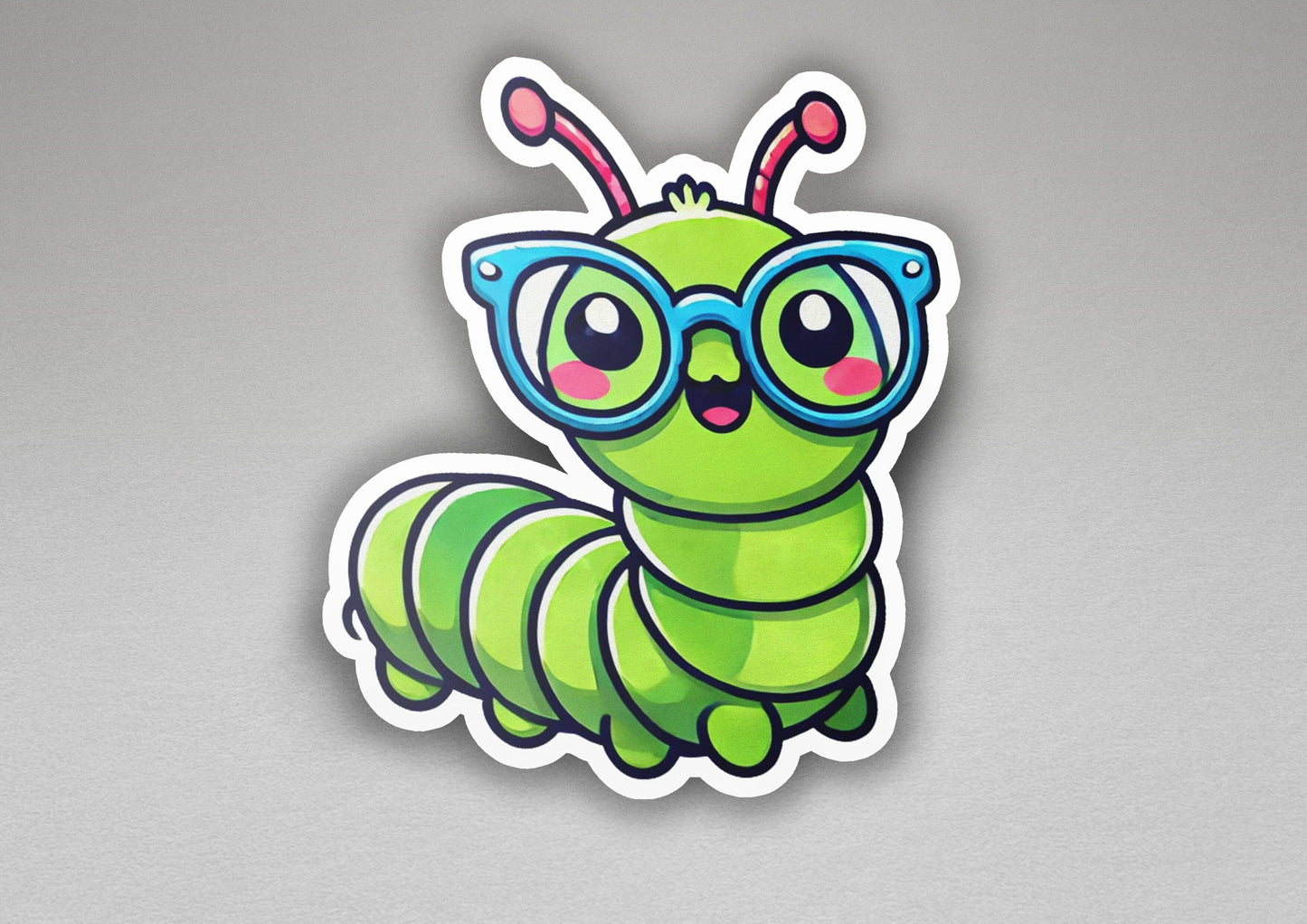 a sticker of a green caterpillar wearing glasses