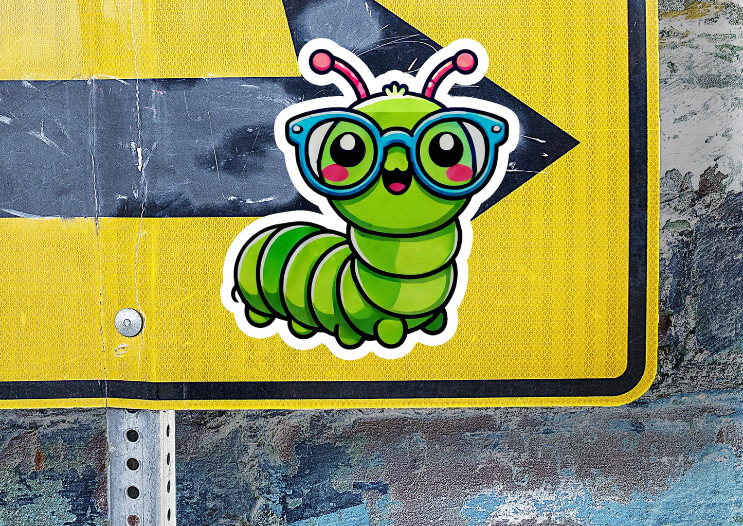 a close up of a street sign with a sticker of a caterpillar