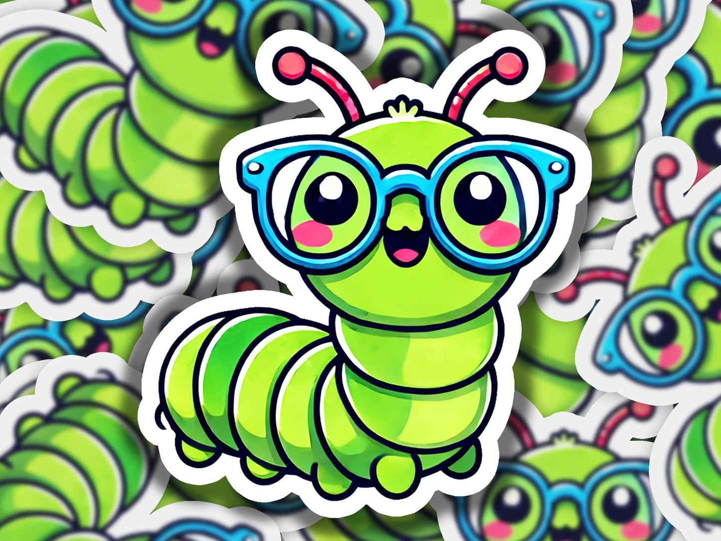 a sticker of a green caterpillar wearing glasses