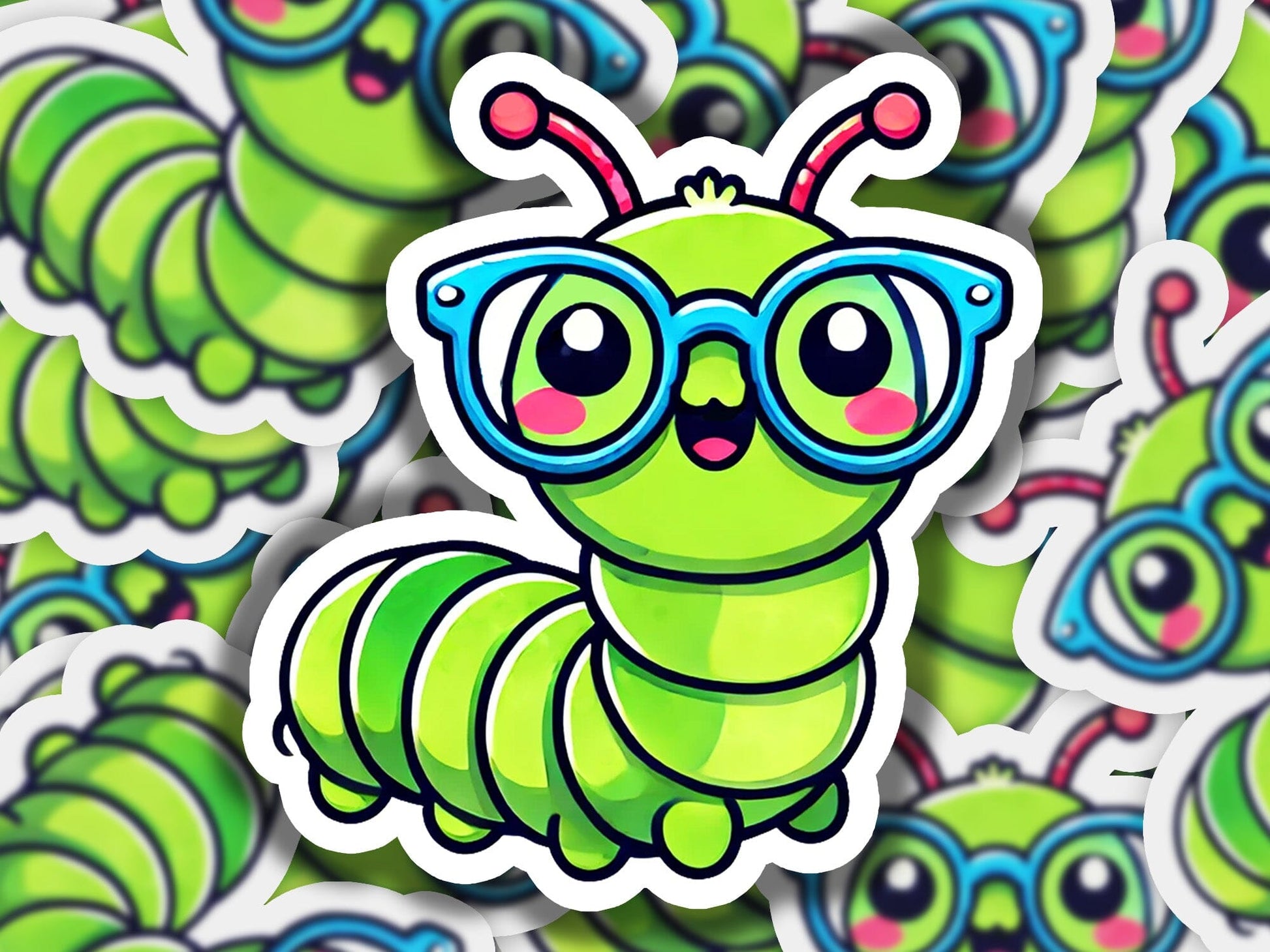 a sticker of a green caterpillar wearing glasses