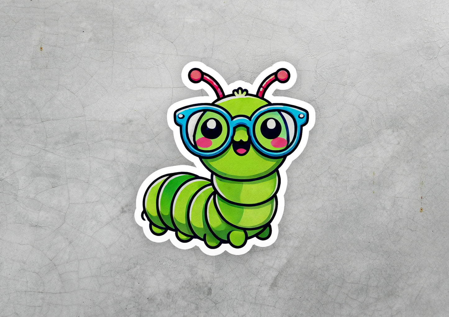 a sticker of a green caterpillar wearing glasses