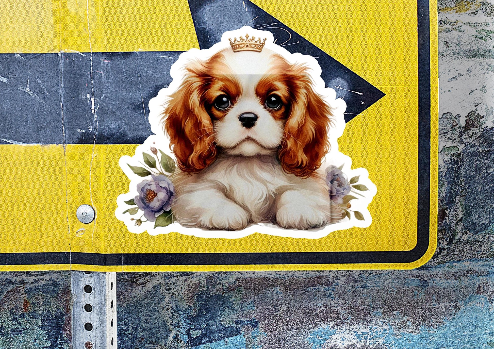 a sticker of a dog with a crown on it
