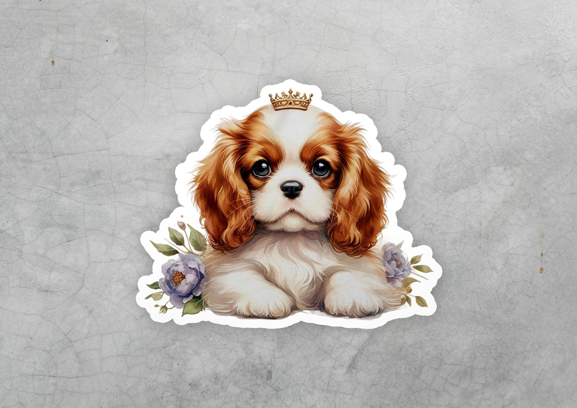 a sticker of a dog with a crown on it&#39;s head