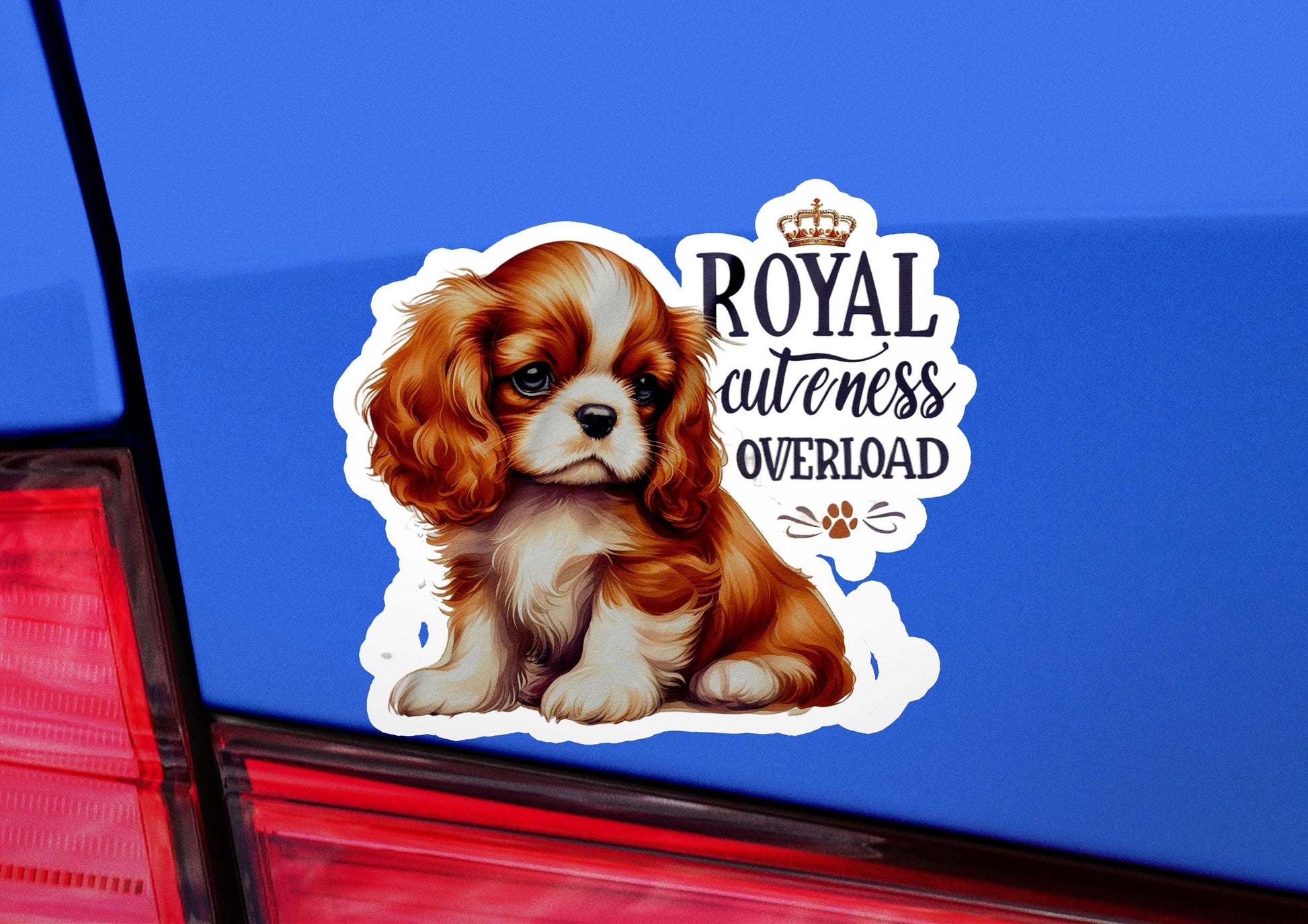 a sticker of a dog with a crown on it