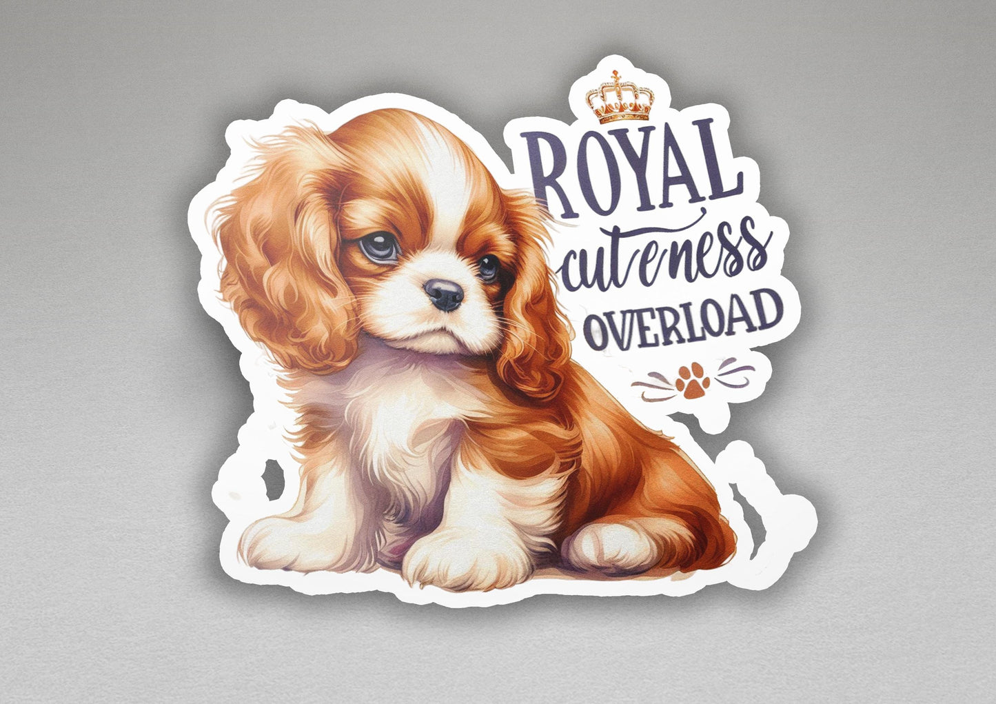 a sticker of a puppy with a crown on it