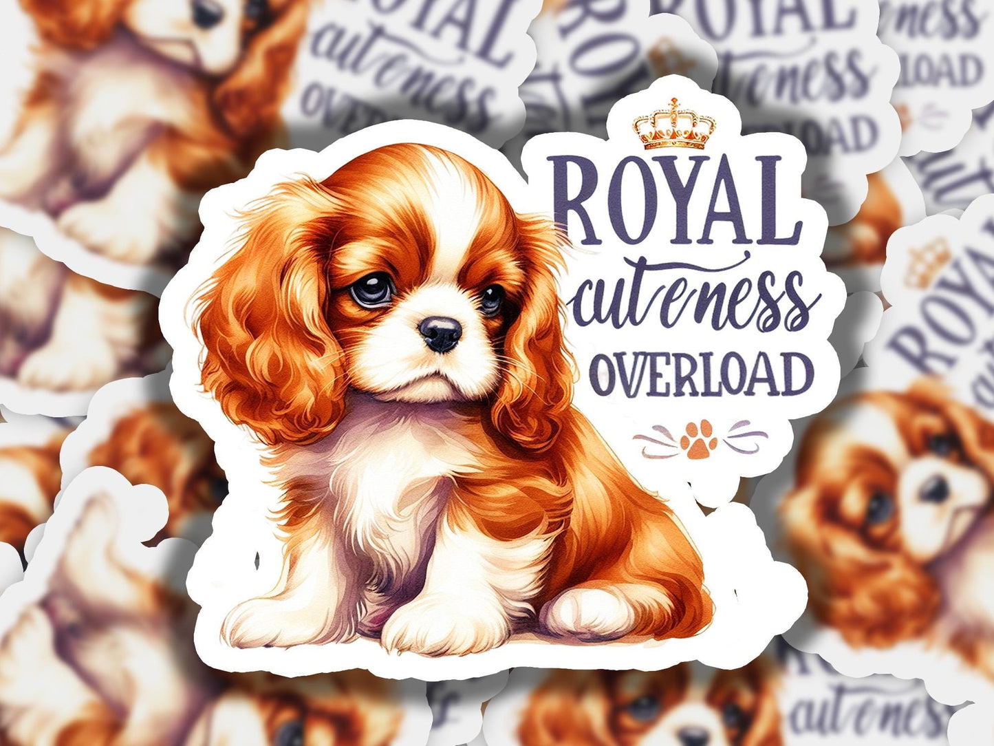 a brown and white puppy sitting on top of a pile of stickers