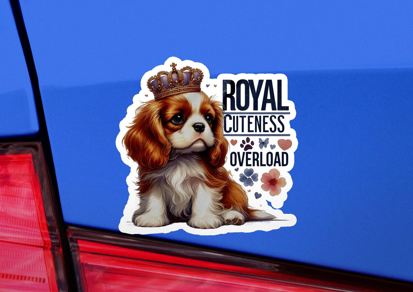 a sticker of a dog with a crown on its head