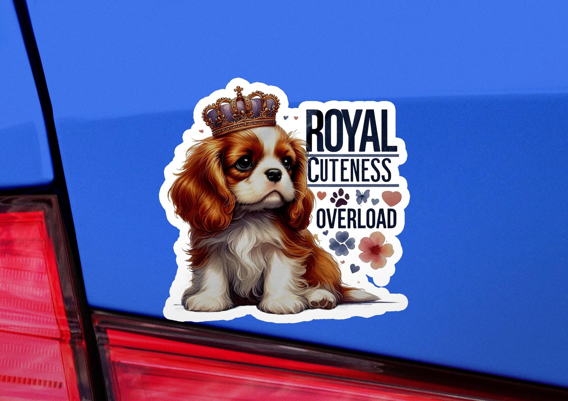 a sticker of a dog with a crown on its head
