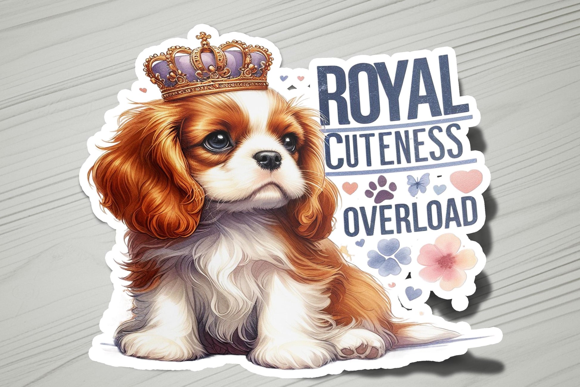 a brown and white dog with a crown on its head