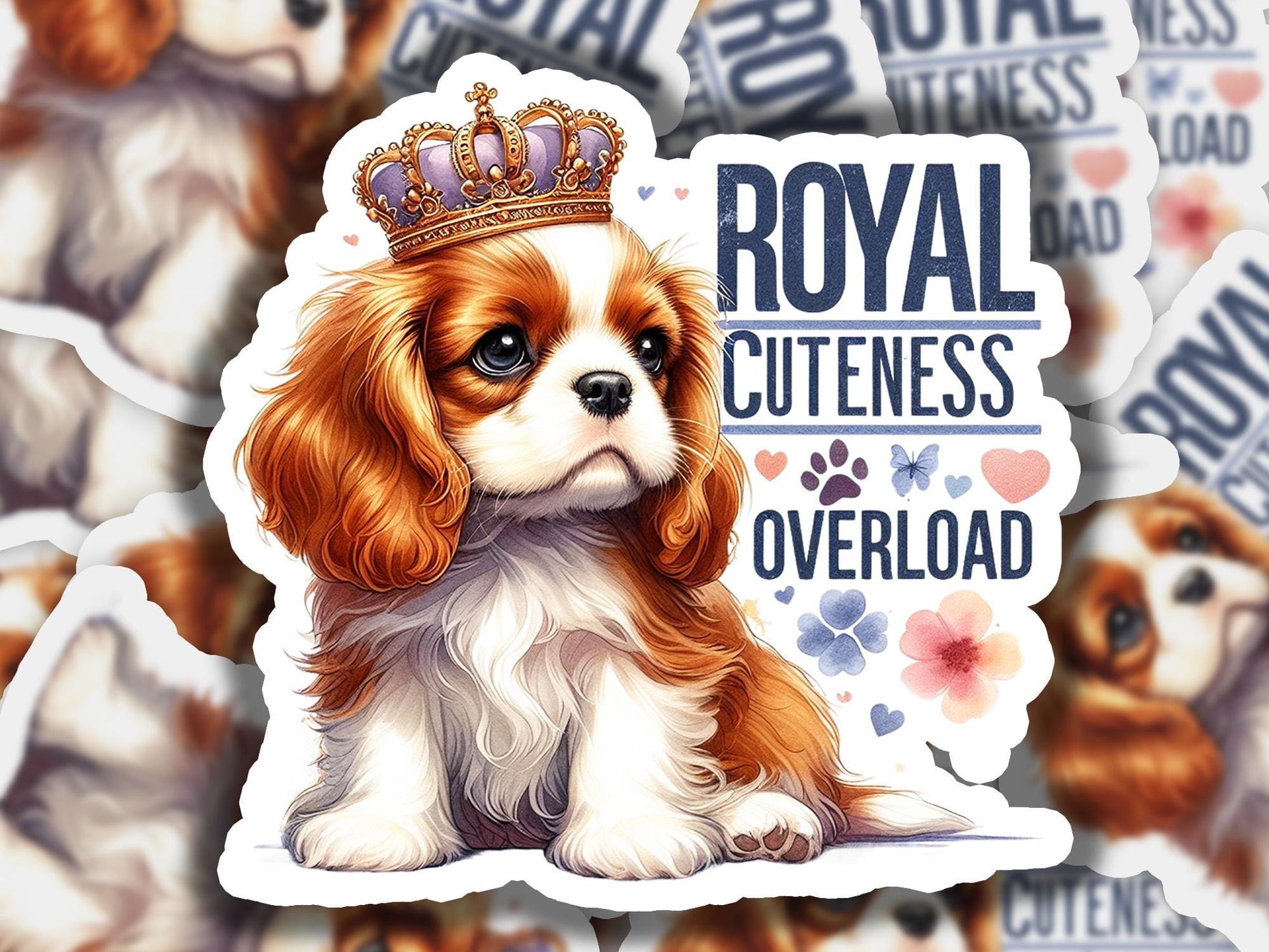 a brown and white dog with a crown on its head