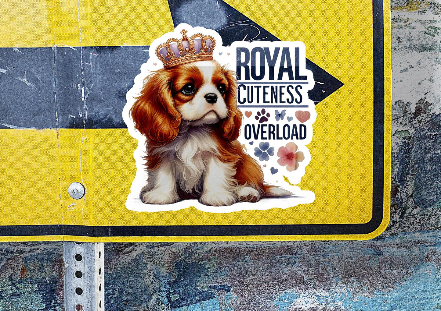 a sticker of a dog with a crown on it