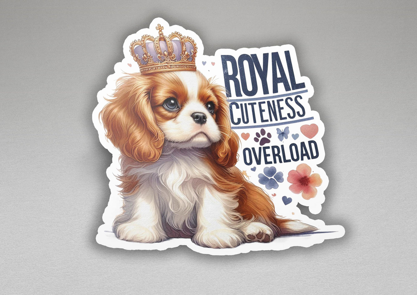 a brown and white puppy with a crown on its head