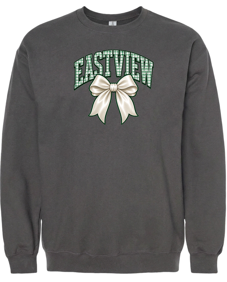 A gray sweatshirt with a graphic design on the front. The design features a large white bow and the word "EASTVIEW" written in a stylized font.
