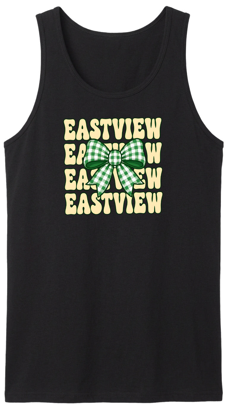 A black tank top with a graphic design featuring the text "EASTVIEW" repeated in a vertical orientation, with a green and white checkered bow in the center.