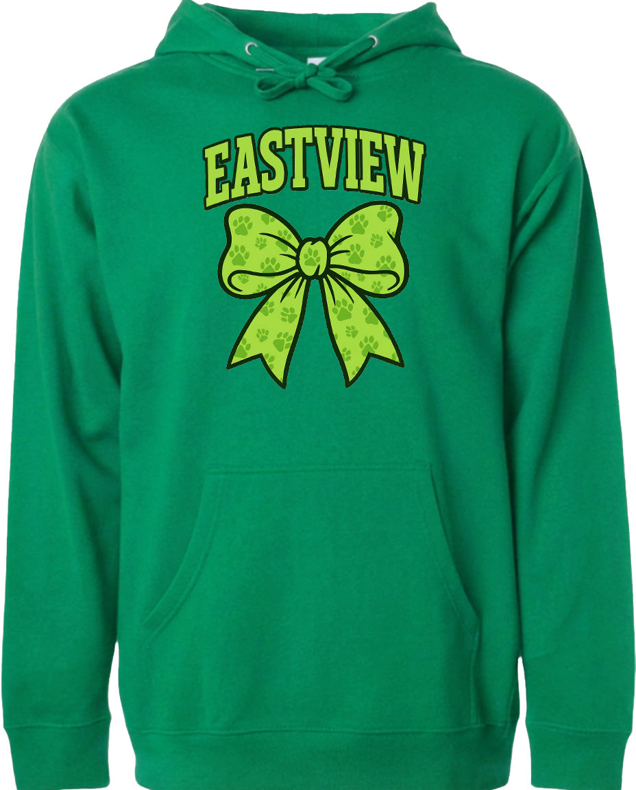 A bright green hoodie with a yellow bow and paw print design.