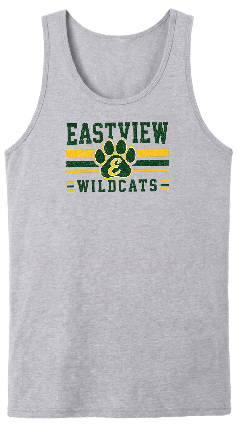 A gray tank top with a graphic design featuring the text "EASTVIEW WILDCATS" and a paw print logo.