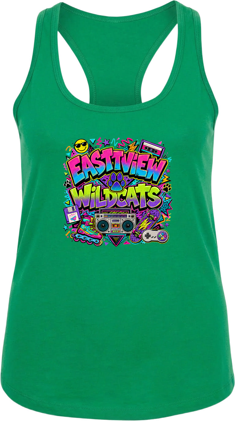 A green tank top with a colorful graphic design featuring the text "EASTVIEW WILDCATS" surrounded by various icons and elements, such as a boombox, sunglasses, and a skateboard.