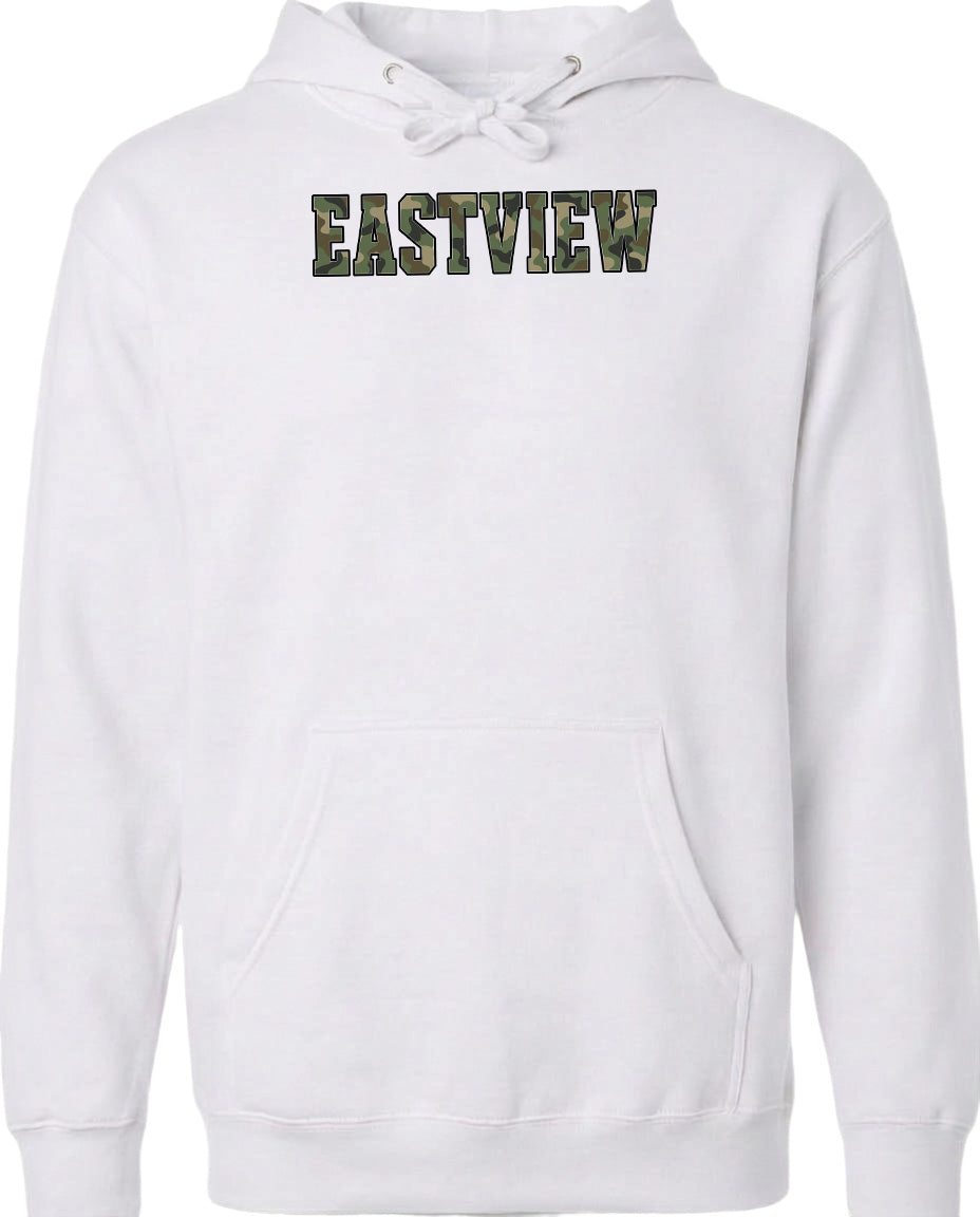 A white hoodie with the word "EASTVIEW" printed on it in a camouflage pattern.
