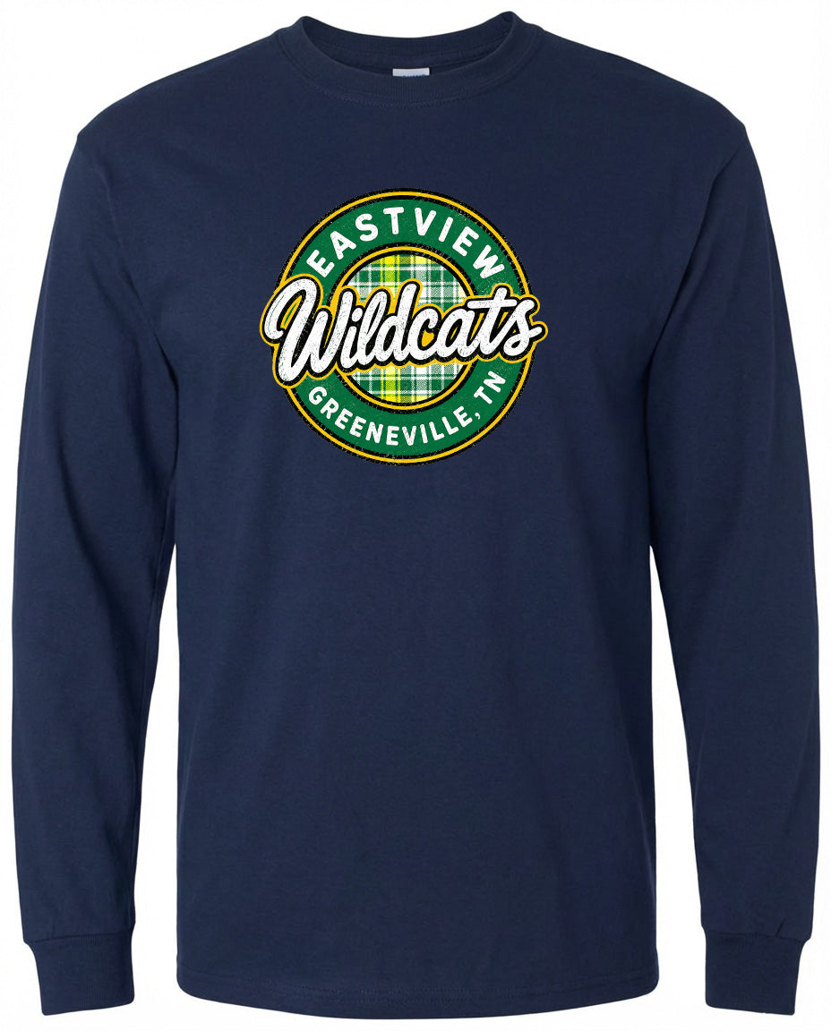 A navy blue long-sleeved shirt with a circular logo on the front. The logo features the text "EASTVIEW Wildcats" and "Greenville, TN" in a stylized font.