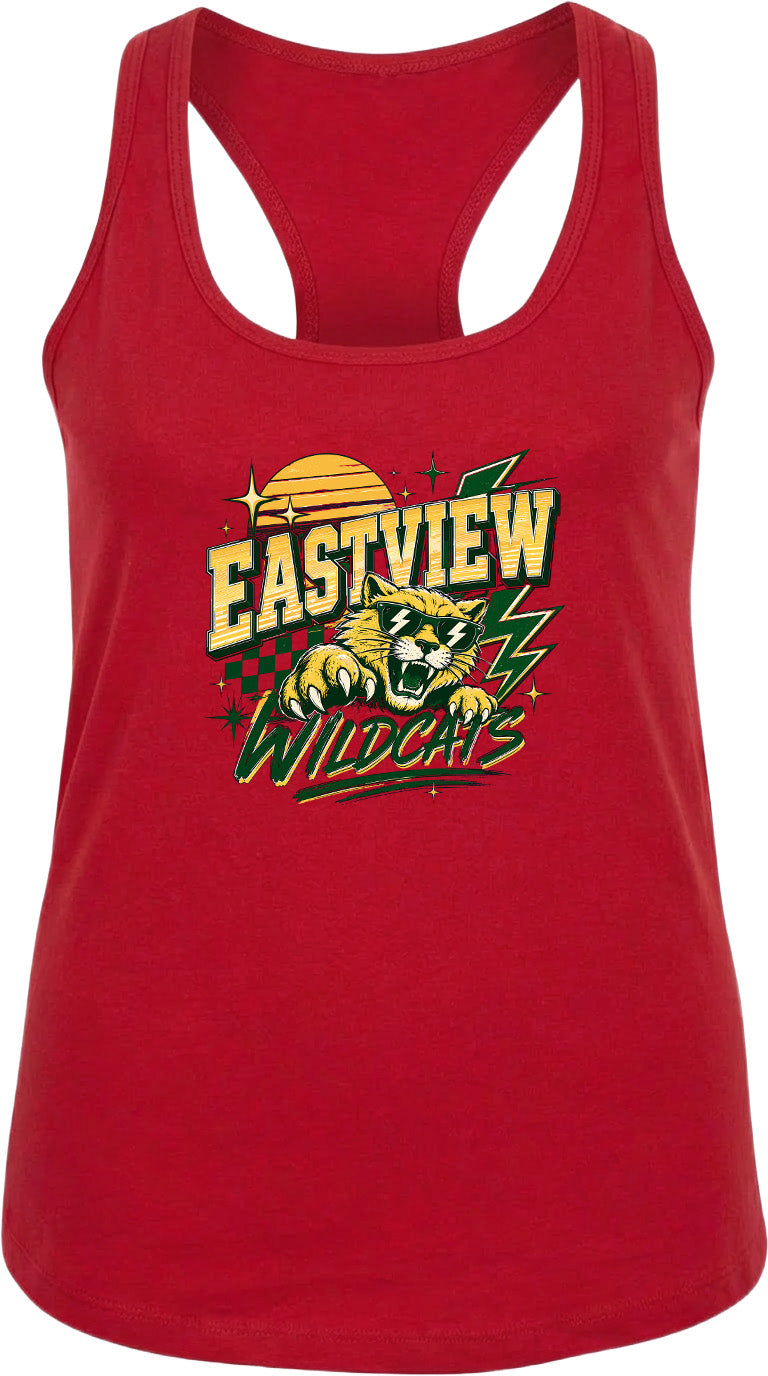 A red tank top with a graphic design featuring a tiger and the text "EASTVIEW WILDCATS".