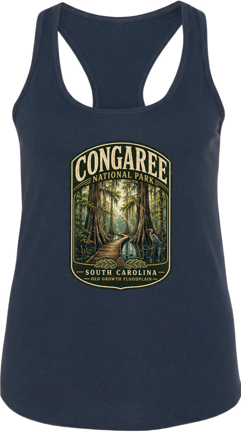 A black tank top with a graphic design depicting a forest scene with a winding path leading through the trees.