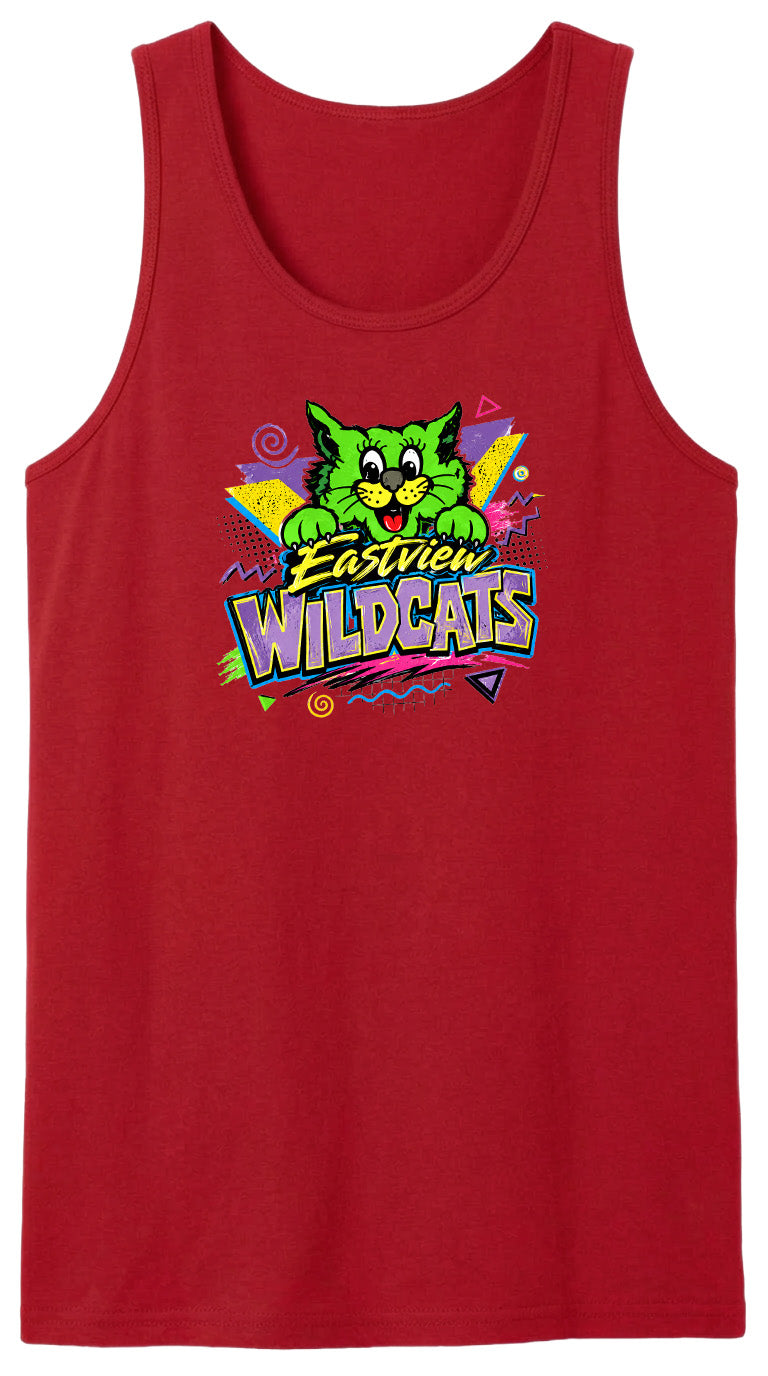 A red tank top with a colorful graphic design featuring a cartoon cat and the text "Easiest Wildcats" printed on it.