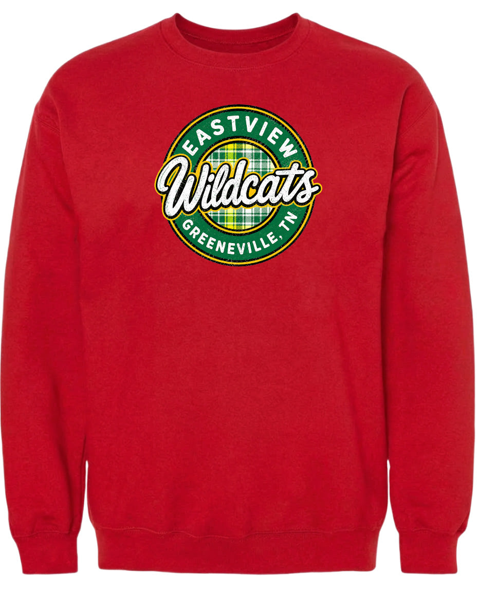 A red sweatshirt with a logo that says "EASTVIEW Wildcats Greeneville, TN".