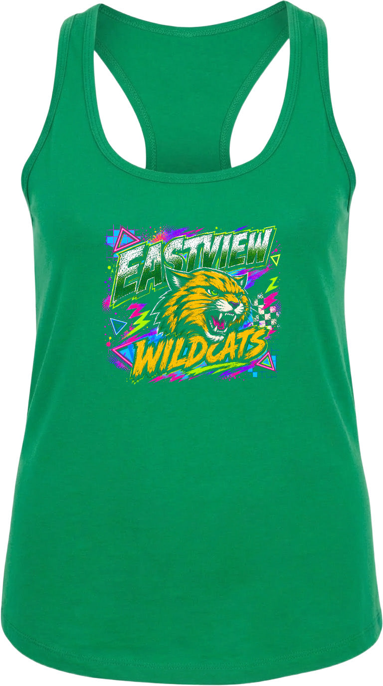 A green tank top with a graphic design featuring a stylized depiction of a wildcat and the text "EASTVIEW WILDCATS".