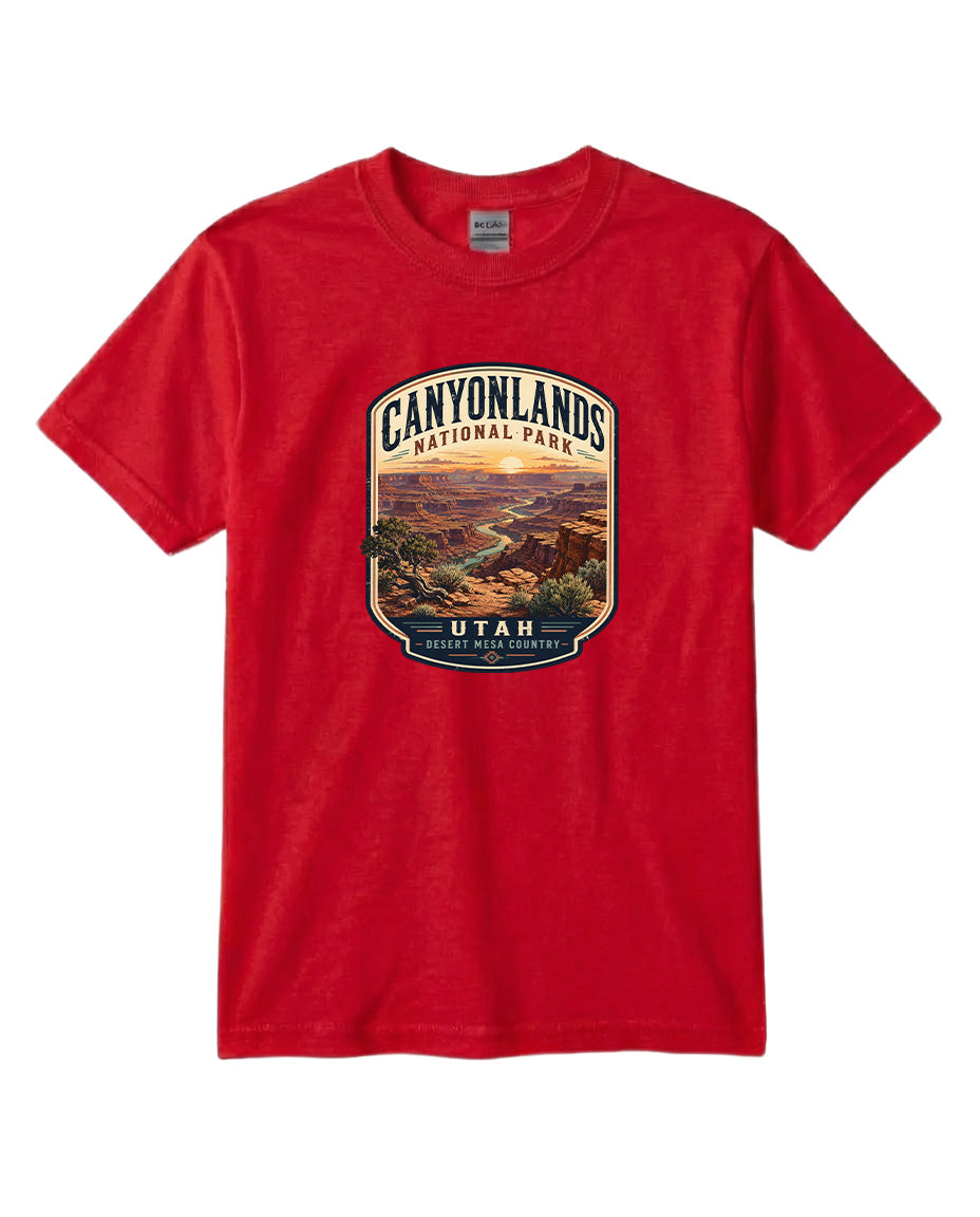 A red t-shirt with a graphic design depicting a scenic landscape, specifically the Canyonlands National Park in Utah.