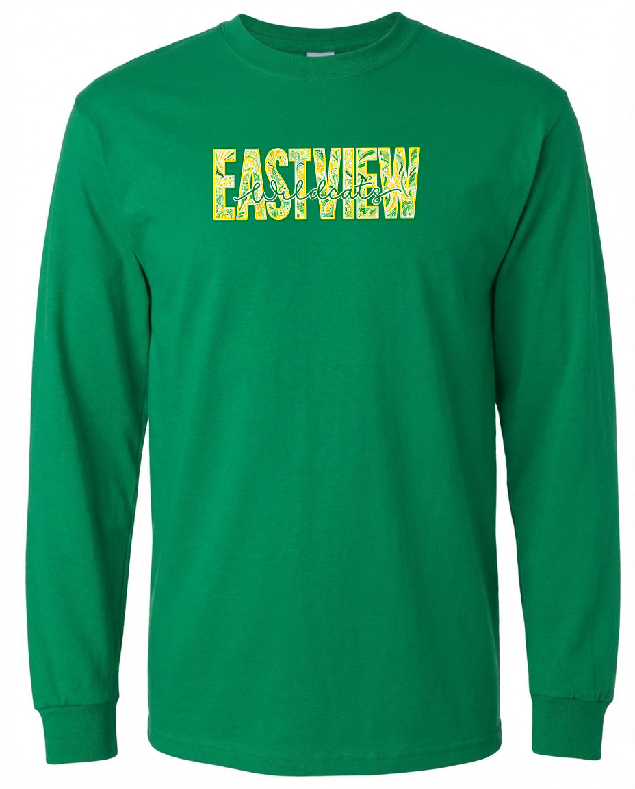A bright green long-sleeved shirt with the word "EASTVIEW" printed on it in a stylized font.