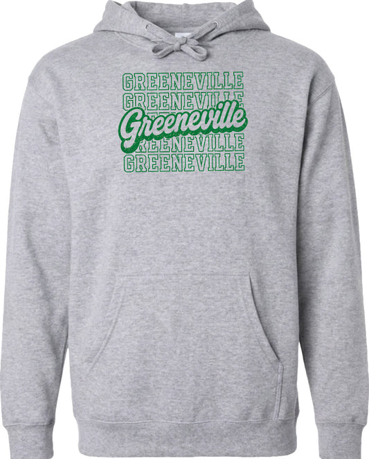A gray hoodie with a graphic design featuring the text "Greeneville" repeated in a stylized font.