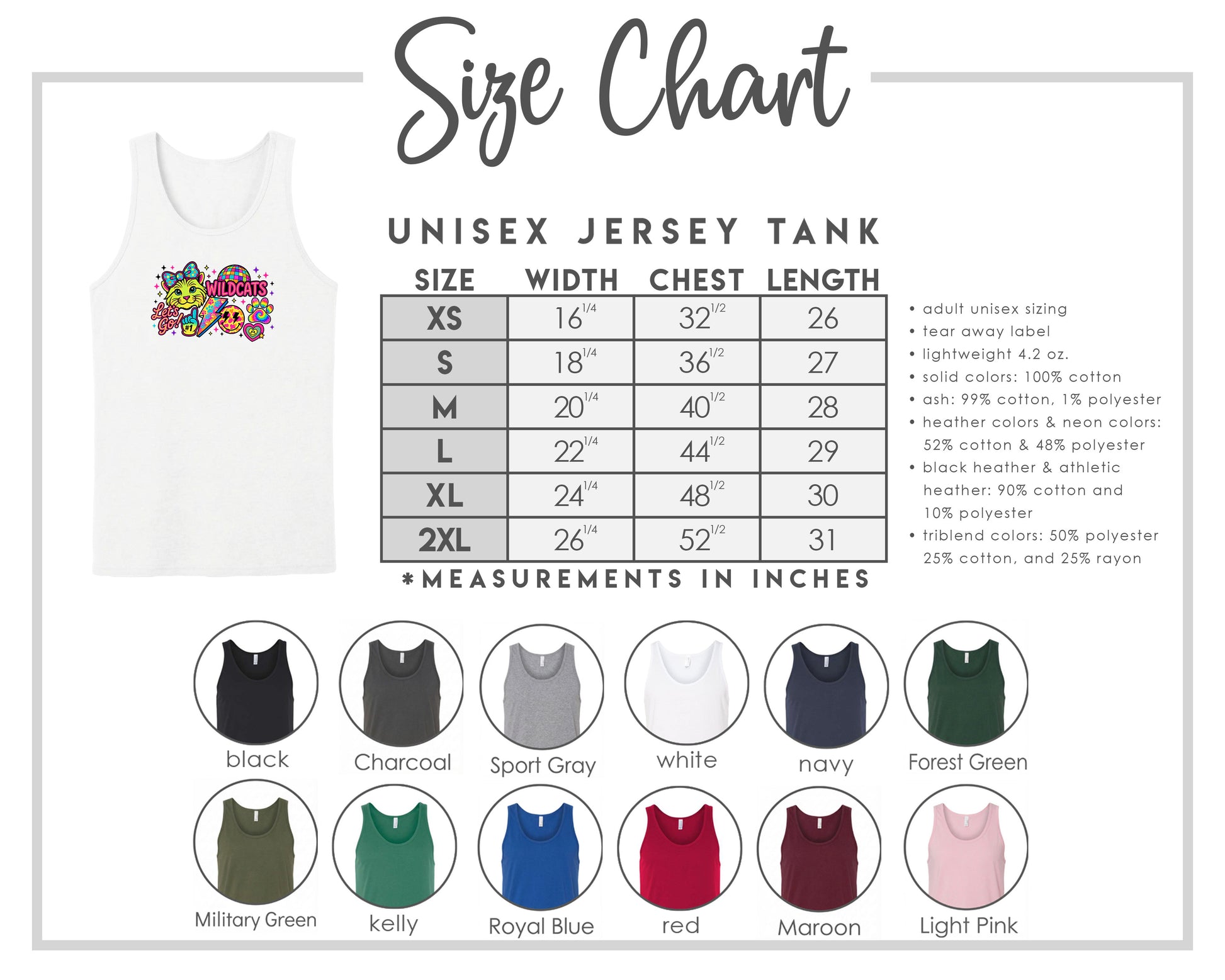 The image is a size chart for a unisex jersey tank, providing measurements for different chest sizes and widths.