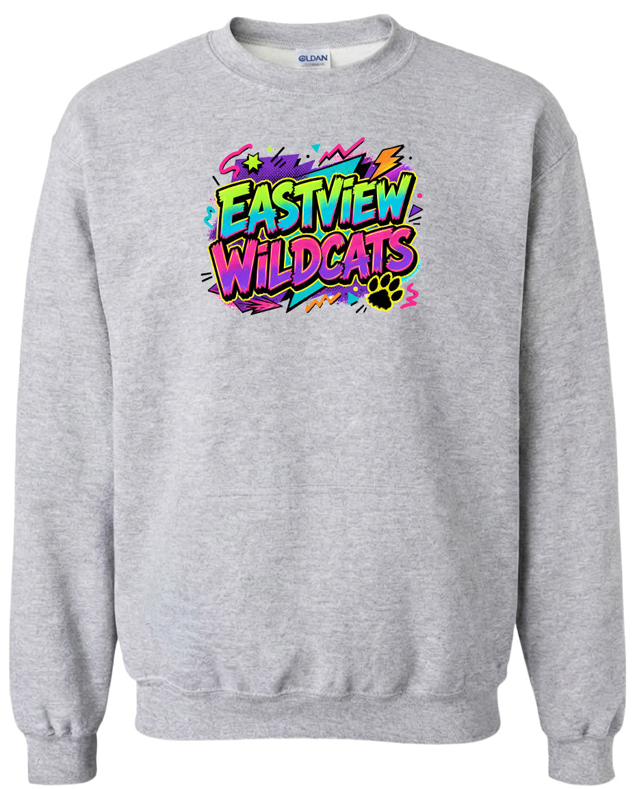A gray sweatshirt with a colorful graphic design featuring the text "EASTVIEW WILDCATS" and a paw print.