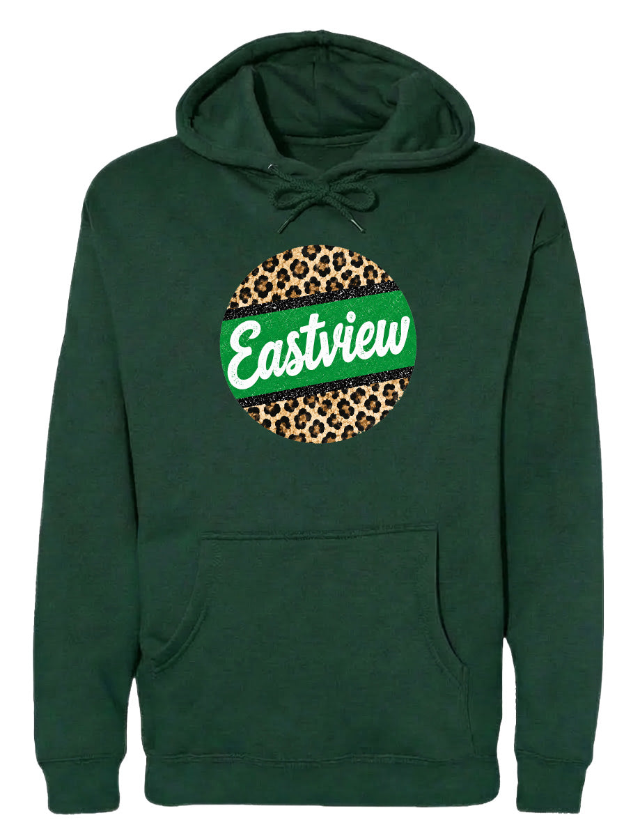 A dark green hoodie with a leopard print design and the word "Eastview" printed on it.
