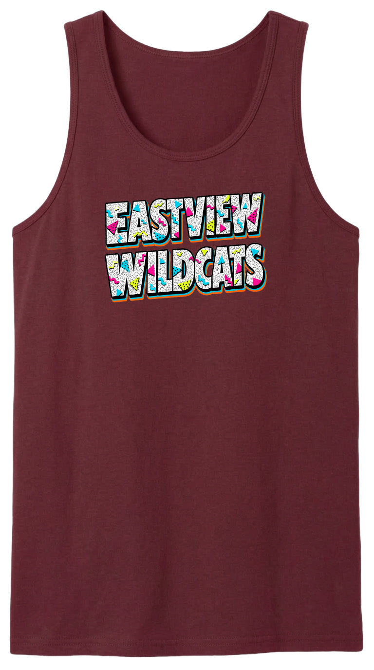 A burgundy tank top with the text "EASTVIEW WILDCATS" printed on it.